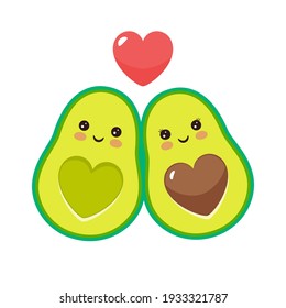 Cute cartoon avocado characters with funny smiles in love. Vector illustration.