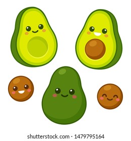 Cute cartoon avocado characters set. Whole avocado, cut in half and pit with funny kawaii faces. Isolated vector clip art illustration.