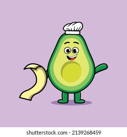 Caricatura de aguacate personaje de chef con menú a mano