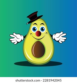 Cute cartoon avocado clown character. Cartoon fruit character set. Funny emoticon in flat style. Food emoji vector illustration