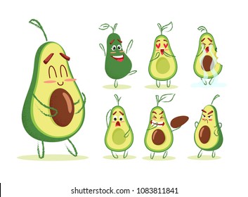 Cute cartoon avocado collection. Different emotions set. Vector illustration
