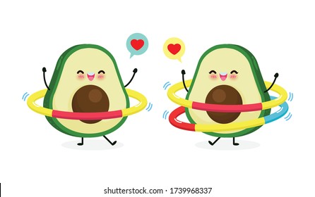 Cute cartoon avocado couple doing exercises with hula hoop. Weight loss concept, Eating healthy food and fitness, Funny fruit character sport isolated on white background vector illustration