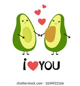Cute cartoon avocado couple holding hands  Valentine's day greeting card  Better Half Love concept and hearts vector illustration 