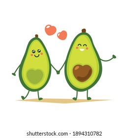 Cute cartoon avocado couple holding hands, Valentine s day greeting card. Avocado love with hearts vector illustration