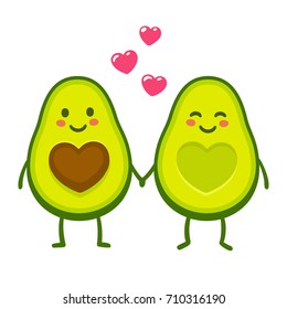 Cute cartoon avocado couple holding hands  Valentine's day greeting card  Avocado love and hearts vector illustration 