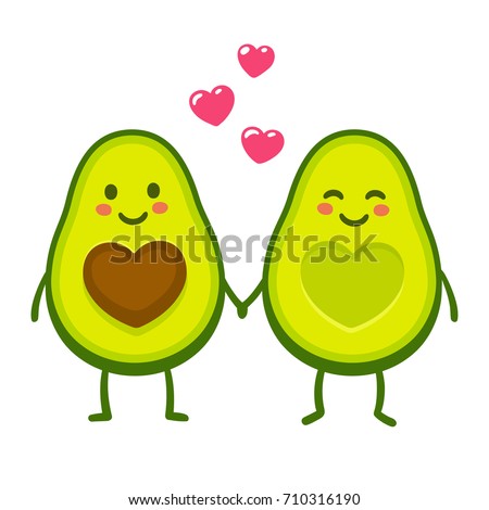 Cute cartoon avocado couple holding hands, Valentine's day greeting card. Avocado love with hearts vector illustration.