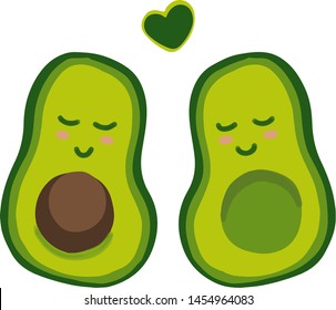 Cute cartoon avocado couple in love, "avocuddle". Two avocado halves with heart, St. Valentines day greeting card drawing. Isolated vector illustration