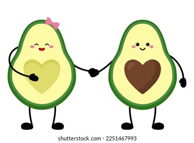 Cute cartoon avocado couple in love. Avocado couple holding hands. Love card concept. Celebrating love and St.Valentine's day.