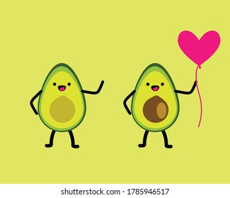 Cute cartoon avocado couple, Valentine's day greeting card. Avocado love with hearts vector illustration.