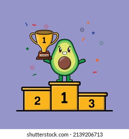 Cute cartoon avocado as the first winner with happy expression in 3d modern style design