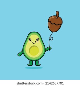 Cute cartoon avocado floating with acorn balloon cartoon vector illustration