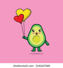 Cute cartoon avocado floating with love balloon cartoon vector illustration 