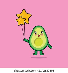 Cute cartoon avocado floating with star balloon cartoon vector illustration  