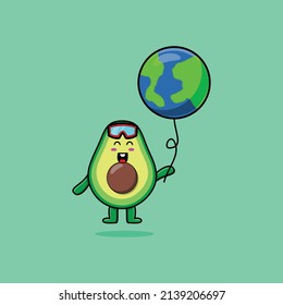 aguacate de caricatura lindo flotando con globo mundial ilustración vectorial