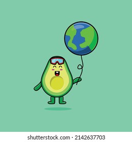 aguacate de caricatura lindo flotando con globo mundial ilustración vectorial