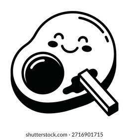 Um bonito abacate de desenho animado com um ovo frito dentro, sorrindo e segurando um pedaço de torrada.