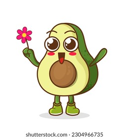 Cute cartoon avocado fruit character holding flower