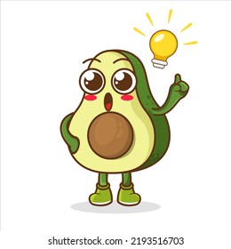 Cute Cartoon Avocado Fruit hat die Idee mit Bulb, gutes Design für Fruchtcharter Thema. Cute grüne Avocado-Illustration mit Lampenform. grüner Avocado hat einen Ideenzeichenkreislauf für Maskottchen erhalten