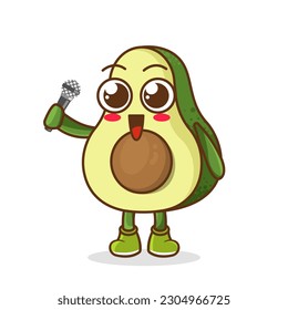 Cute cartoon avocado fruit singer character holding mic