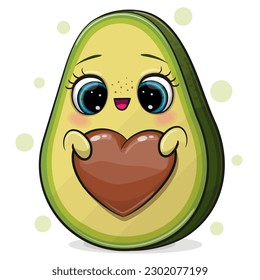 Cute Cartoon Avocado with heart-shaped bone isolated on a white background