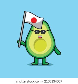 Cute cartoon Avocado mascot character with flag of Japan Country in modern design