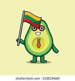 Cute cartoon Avocado mascot character with flag of Lithuania country in modern design