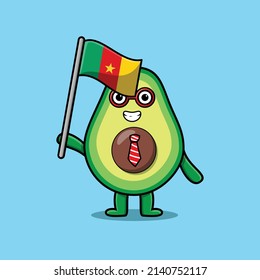 Cute cartoon Avocado mascot character with flag of Cameroon country in modern design