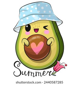 Cute Cartoon Avocado in panama hat isolated on a white background