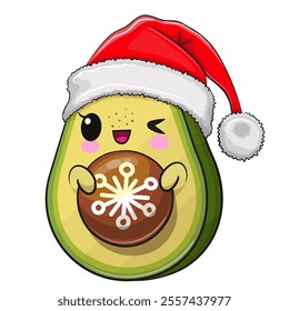 Cute Cartoon Avocado in Santa hat isolated on a white background