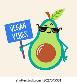 Cute cartoon avocado vector icon. Cool vegetable in sunglasses holds a banner. Vegan vibes. A funny green fruit with a seed grins. The drawn character promotes healthy nutrition. Flat style.
