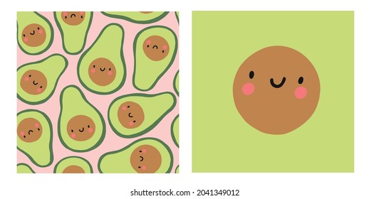 Cute cartoon avocado - vector illustration. Seamless pattern with cute avocado
