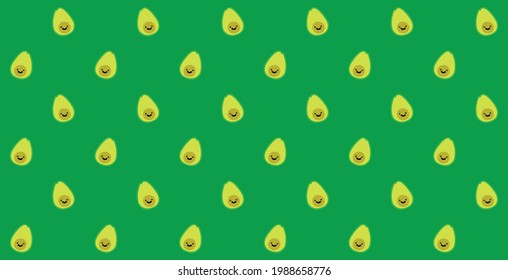 Cute cartoon avocado vector pattern, great for wallpaper, wrapping, packing, texture and background. Hand drawn green fruit character with smiling facial expression. EPS 10.