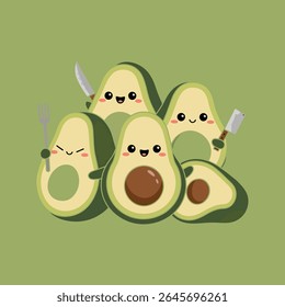 Bonito Avocados De Cartoon Segurando Utensílios De Cozinha