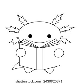 Cute cartoon Axolotl with book in black and white