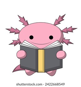 Cute cartoon Axolotl with book in color