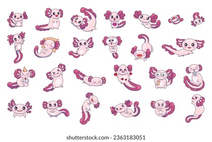 Cute cartoon axolotl character. Funny underwater aquatic animal. Happy and cheerful emotions. Vector drawing. Collection of design elements.