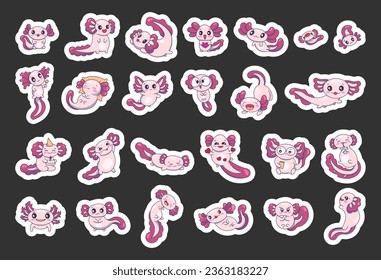 Cute cartoon axolotl character. Sticker Bookmark. Funny underwater aquatic animal. Happy and cheerful emotions. Vector drawing. Collection of design elements.