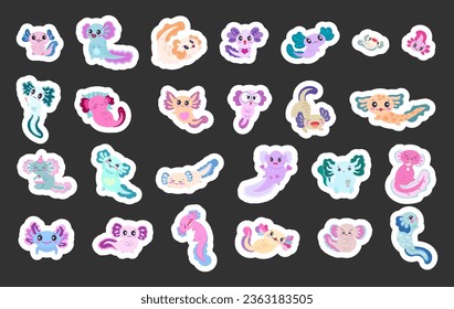 Cute cartoon axolotl character. Sticker Bookmark. Funny underwater aquatic animal. Happy and cheerful emotions. Vector drawing. Collection of design elements.