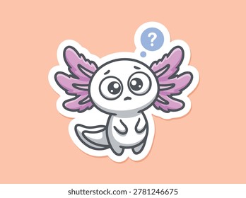 A cute cartoon axolotl with a confused expression and a question mark above its head.