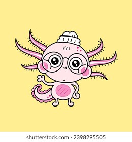 Cute cartoon axolotl in eyeglasses waving hand. Flat vector illustration design