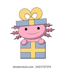 Cute cartoon Axolotl in gift box in color