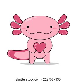 Caricatura aguda axolotl con corazón. Animal acuático, anfibio. Ilustración vectorial con carácter lindo. Elemento de diseño para textil de bebé, tarjetas, pancarta, afiches, ilustraciones de libros