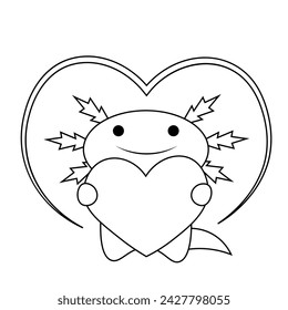 Cute cartoon Axolotl with heart in black and white