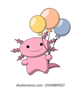 Cute cartoon Axolotl with helium balloon in color