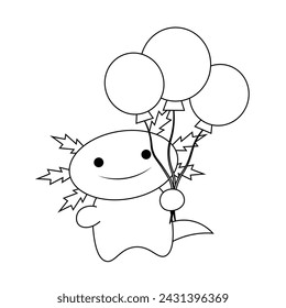 Cute cartoon Axolotl with helium balloon in black and white