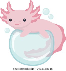 Cute Cartoon Axolotl Lies on a Bubble	