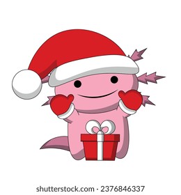 Cute cartoon Axolotl Santa Claus and gift box in color