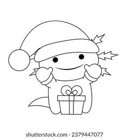 Cute cartoon Axolotl Santa Claus and gift box in black and white