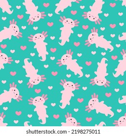 Cute cartoon axolotl. Seamless pattern. Vector.	