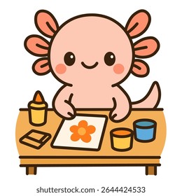 Cute cartoon axolotl sitting at a table and making arts and crafts, drawing a flower with glue and colorful paint. Flat vector illustration for kids, creativity, and learning themes.